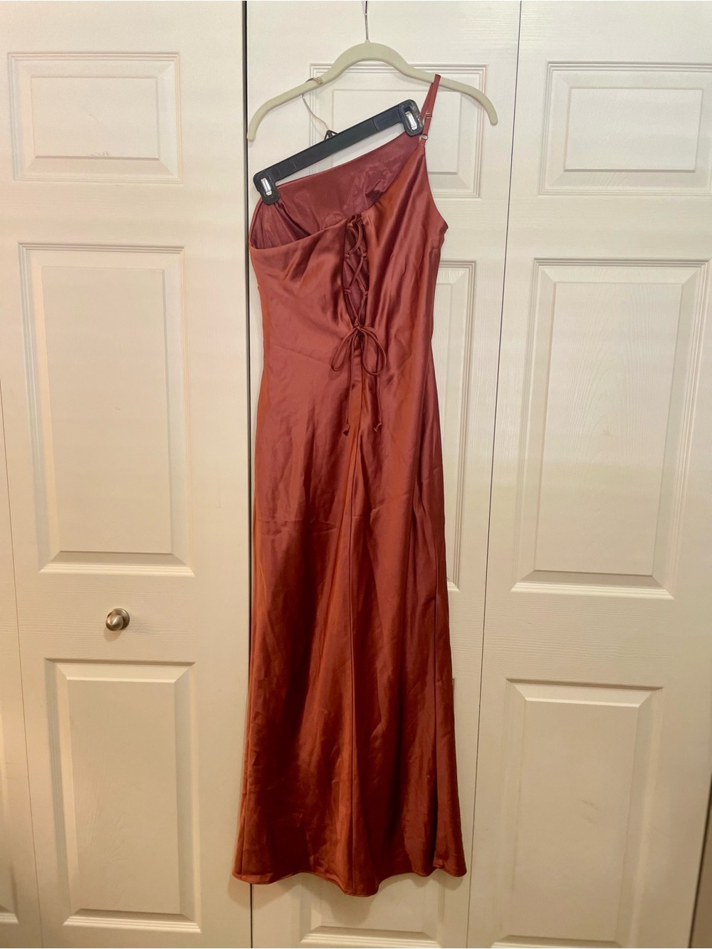 Women’s Satin Rust Dress with Side Ruching - Picture 2 of 4